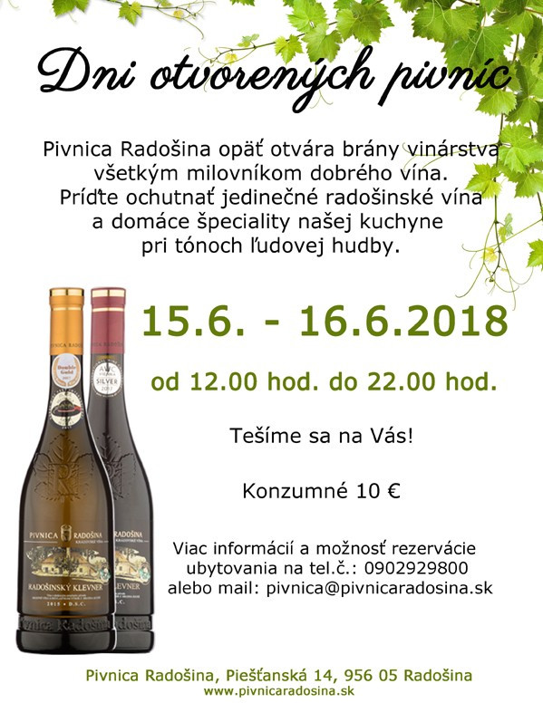 Dni otvorených pivníc v Pivnici Radošina (15. - 16.6.2018)
